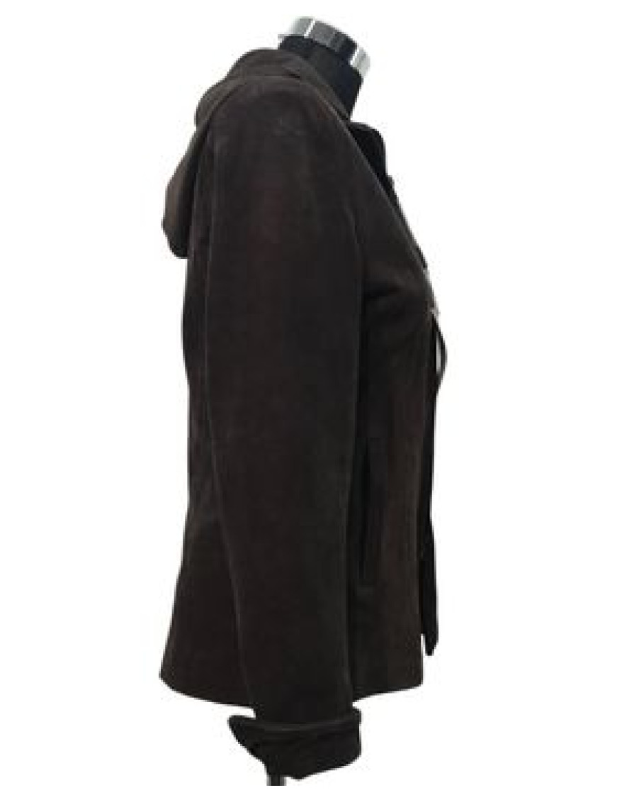 Buffalo leather hooded short jacket